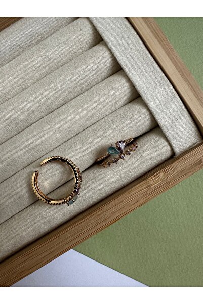 ringbox Gold Renk Mor ve Mavi Damla Detaylı Yüzük