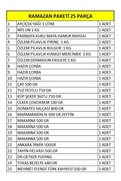 Marketcidenal Ramazan Erzak Yardım Paketi 25 Parça Kumanya Kolisi