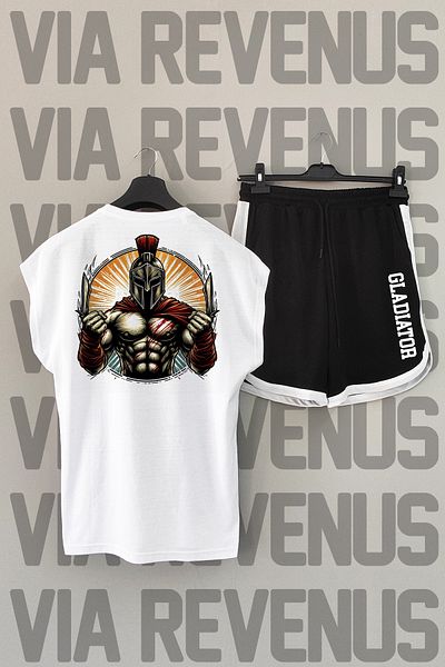 Vordevia Gladiator White αθλητικό μπλουζάκι και μαύρο αθλητικό σορτς - εμπριμέ στην πλάτη, μηδενικό μανίκι