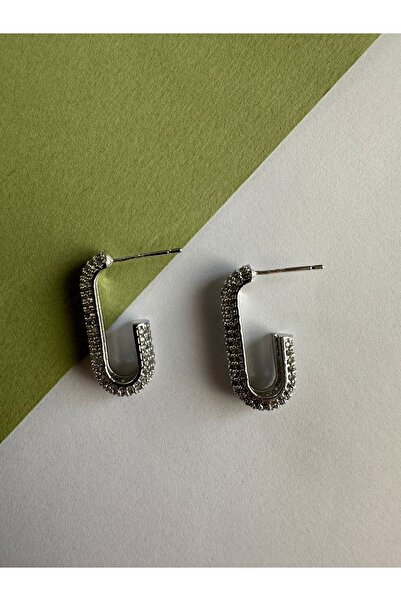 ringbox Gümüş Renkli Yarım Oval Zirkon Taşlı Küpe