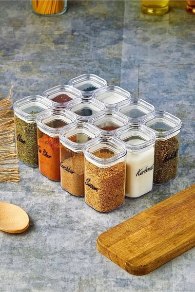 ŞAKİLATA CONCEPT Set of 12 250t ml Leak Proof Covered Mica Glossy Spices with Labels