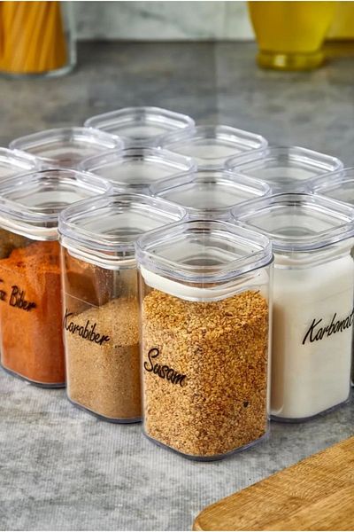 ŞAKİLATA CONCEPT Set of 12 250t ml Leak Proof Covered Mica Glossy Spices with Labels