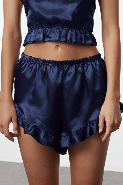 Trendyol Collection Woven Pajama Set with Navy Blue Ruffles and Back String Satin Shorts Thmss23Pt00048
