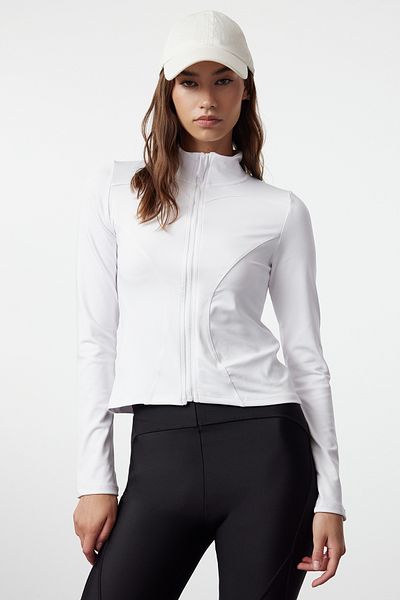 Trendyol Collection Weiße, körperbetonte Strick-Sportjacke/Sweatshirt mit Reißverschluss und Stehkragen TWOAW23BZ00592