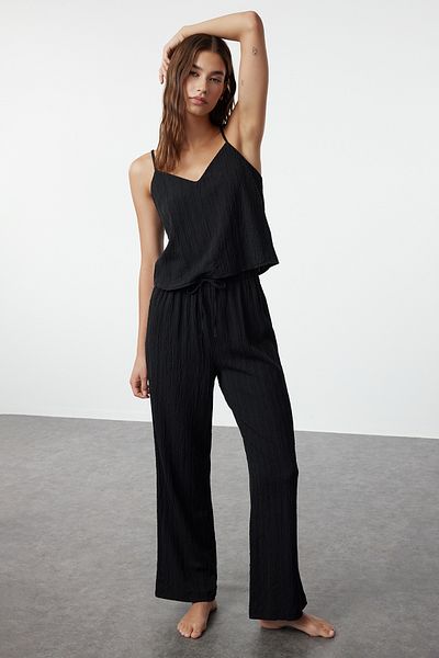 Trendyol Collection Set de pijamale țesute cu curele de frânghie cu detaliu de legare neagră THMSS24PT00402