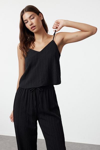 Trendyol Collection Set de pijamale țesute cu curele de frânghie cu detaliu de legare neagră THMSS24PT00402