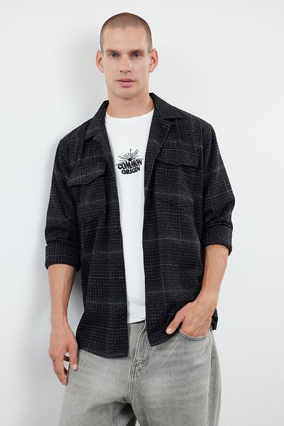 Trendyol Collection Oversize Black Plaid Shirt - Winter, Pocket, Lumberjack - TMNAW25GO00001