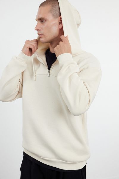 Trendyol Collection Béžová overSize mikina – teplá fleecová se zipem a detailem prošívání TMNAW25SW00000