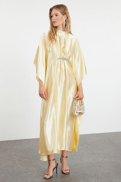 Trendyol Modest Satin Woven Kaftan - Yellow Accessory Detailed TCTSS24KF00048