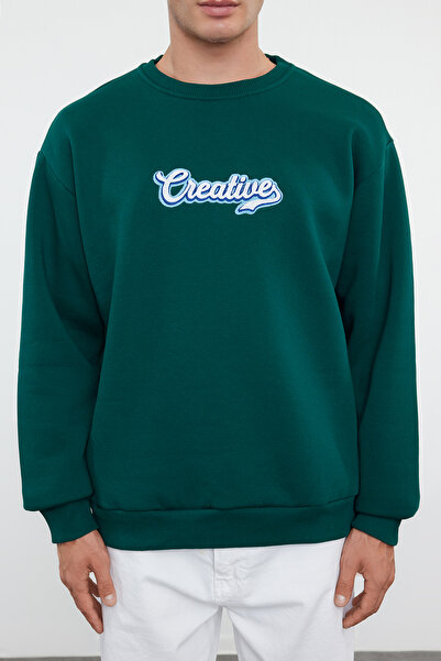 Trendyol Collection Σμαραγδένιο Πράσινο Φούτερ Oversize/Wide Cut Letter Κέντημα με Fleece Εσωτερικό TMNAW25SW00087