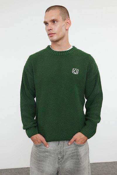 Trendyol Collection Oversize Πλεκτός Σακάκι με Κύκλο - Χακί TMNAW24KZ00032