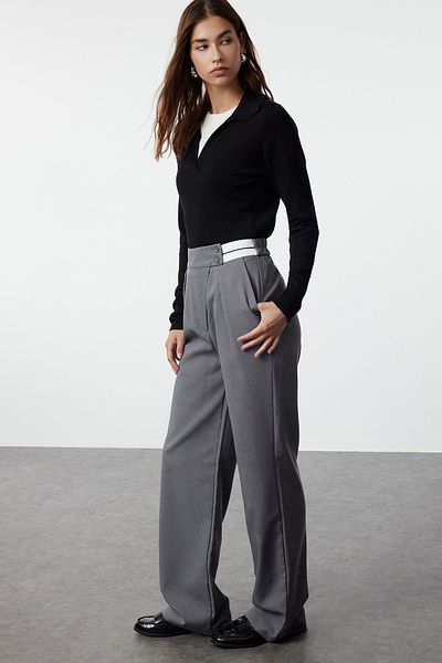 Trendyol Collection Anthracite Wide Leg and Elastic Waist Pants - Belt Detailed, TWOAW25PL00015