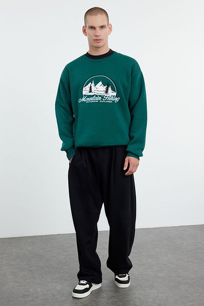 Trendyol Collection Smaragdově zelená vyšívaná oversize fleecová mikina - TMNAW25sw00025