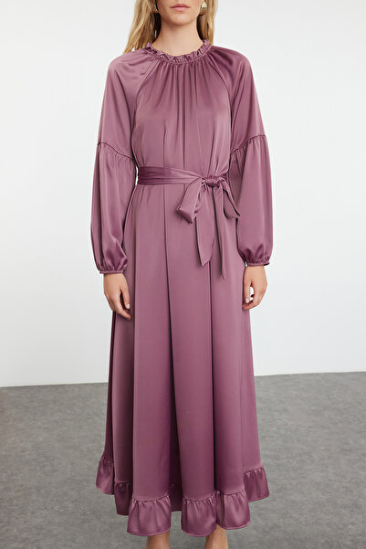 Trendyol Modest Σατέν υφασμένο φόρεμα αποξηραμένο τριαντάφυλλο - Λεπτομέρεια ζώνης, TCTSS24EB00275