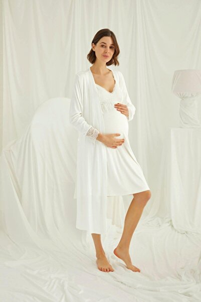 MONAMİSE Γυναικείο εκρού ρυθμιζόμενο λουράκι θηλασμού με δαντέλα Σετ νυχτικό εγκυμοσύνης εγκυμοσύνης