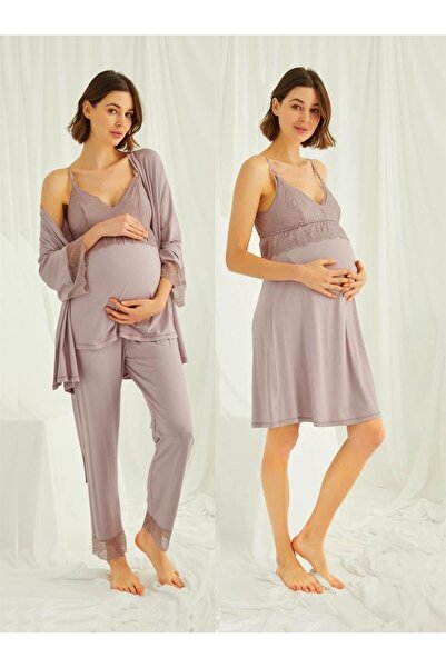 MONAMİSE Monamise 18431490 Kadın Vizon Hamile Lohusa Seti Sabahlık Gecelik Pi...