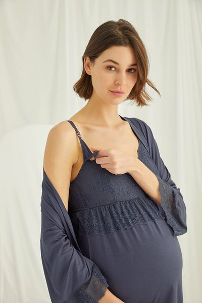 MONAMİSE Women's Navy Blue Maternity Pajamas Set with Dressing Gown 18432