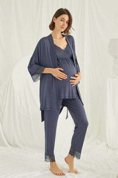 MONAMİSE Women's Navy Blue Maternity Pajamas Set with Dressing Gown 18432