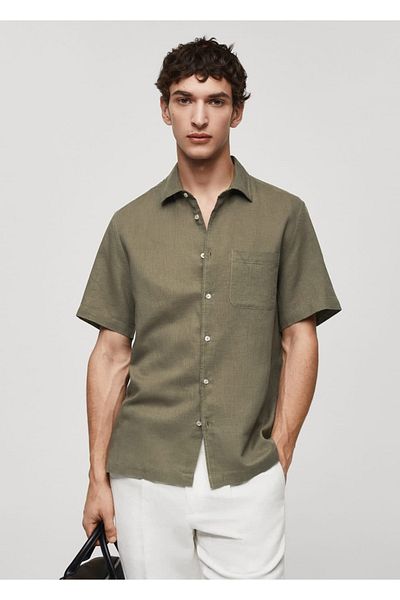 MANGO Man Regular Cut Leinenhemd mit Taschen