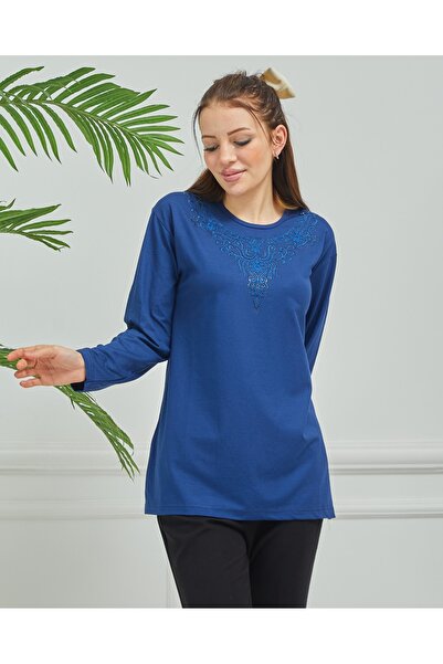 Stilmony Women's Mother Indigo Embroidered Casual Middle Age Combed Cotton Blouse