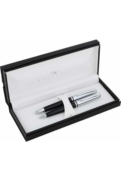 STEEL Black Lacquer Chrome Fountain Ballpoint Pen Set