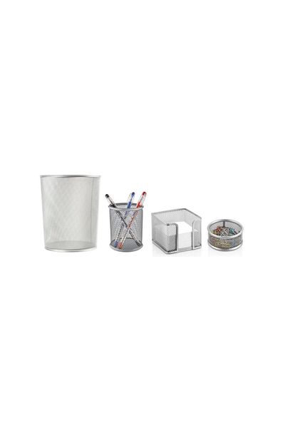 Mimaks Metal Set 4 Pieces Metal Office Set Dustbin Pen Holder Cube Note Holder and Paperclip Gray