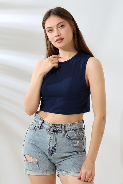 Endies DARK BLUE 21755 - Wide Cut, Flexible Combed Cotton, Sleeveless Crop Tank Top