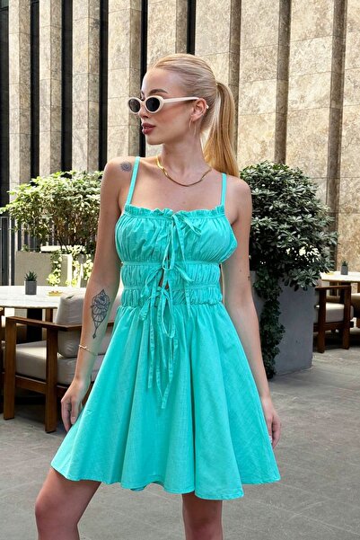 VAGGON Πράσινο Μίνι Φόρεμα - Λεπτές τιράντες, Λεπτομέρειες Δεσίματος και Πλισέ Prm1021 Prm1021