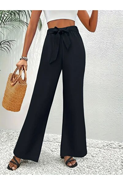 bysevensail Bss Women's Elastic Waist Hollow Out Crepe Wide Leg Black Trousers