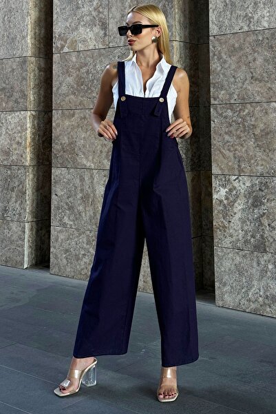 VAGGON Navy Blue Gabardine Gardener Jumpsuit - With Pockets and Straps Prm1005