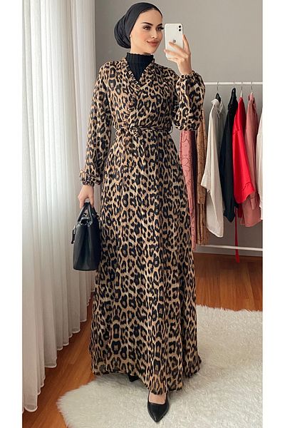 Nissra Leopard Print Double Breasted Collar Chiffon Dress
