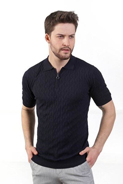 Ferraro Navy Blue Polo Collar Zippered 100% Cotton Men's Knitwear T-shirt