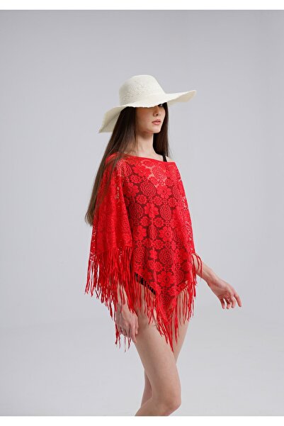 FASHİON DANTEL Dantel Panço Pareo Kendinden Esneyen Saçaklı Plaj Elbisesi