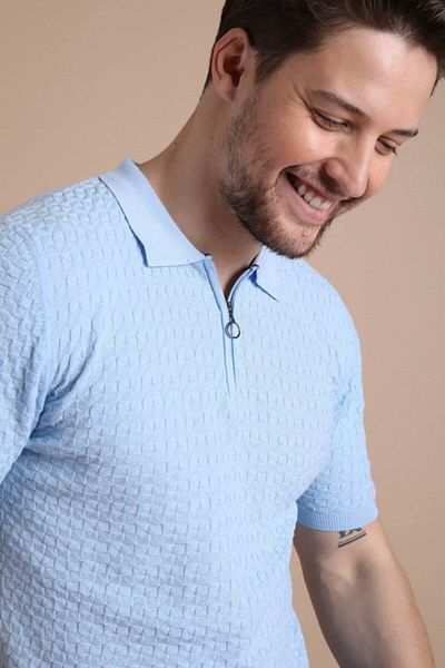 Ferraro Tricou pentru bărbați, 100% bumbac, cu fermoar, cu guler polo albastru