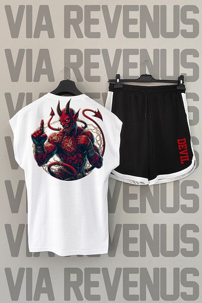 Vordevia Crew Neck and Zero Sleeve Devil Back Printed White and Black Sports T-shirt and Shorts Set