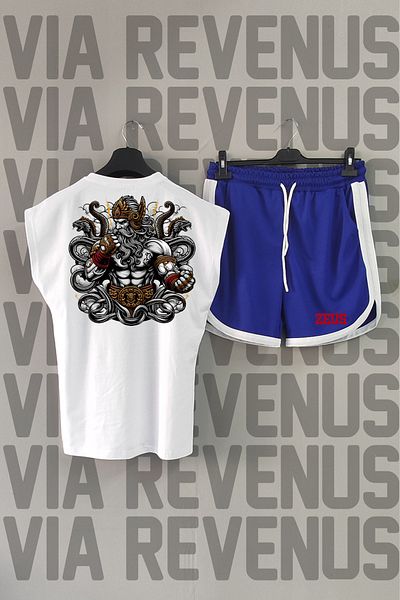 Vordevia Zeus Crew Neck White T-Shirt and Blue Sports Shorts Set - Zero Sleeve, Back Printed