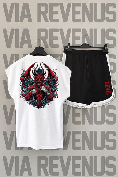 Vordevia Crew Neck and Zero Sleeve Devil Back Printed White and Black Sports T-shirt and Shorts Set