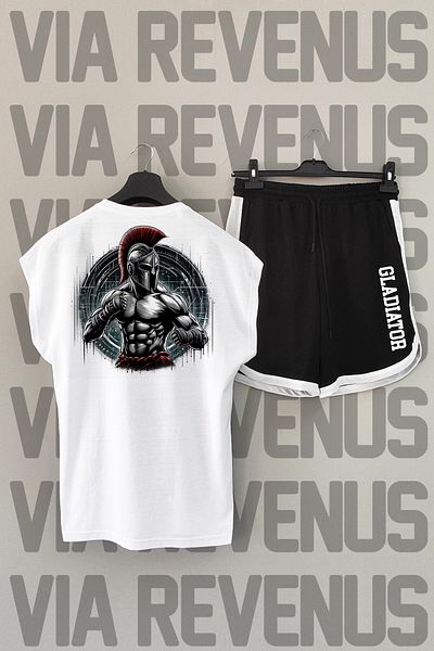 Vordevia Gladiator White αθλητικό μπλουζάκι και μαύρο αθλητικό σορτς - εμπριμέ στην πλάτη, μηδενικό μανίκι