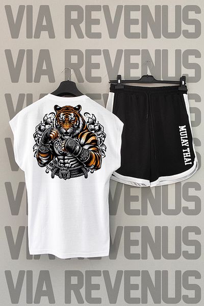 Vordevia Muay Thai Tiger - Σετ αθλητικό μπλουζάκι και σορτς με λαιμόκοψη σε λευκό και μαύρο