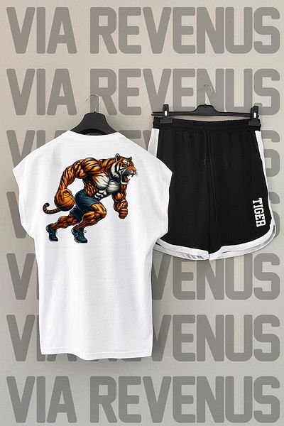 Vordevia Basketball Tiger - Back Printed White and Black Sports T-shirt and Shorts Set
