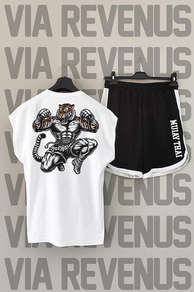 Vordevia Muay Thai Tiger - Σετ αθλητικό μπλουζάκι και σορτς με λαιμόκοψη σε λευκό και μαύρο