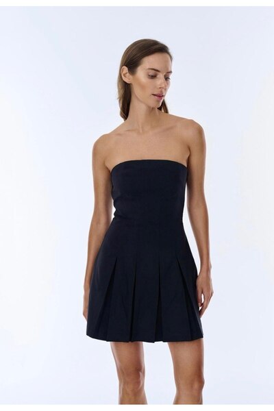 Quzu Straplez Pileli Mini Elbise Siyah