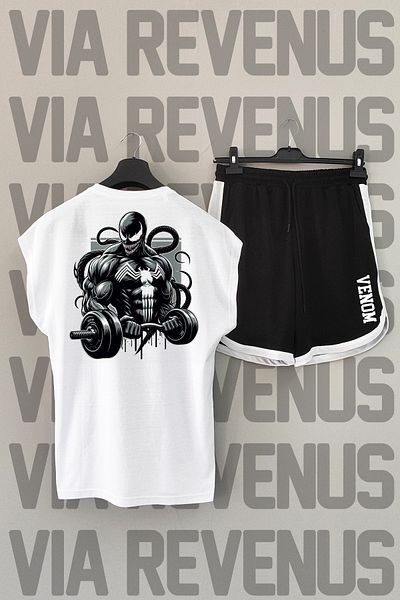 Vordevia Venom Gym - Back Printed White and Black Sports T-shirt and Shorts Set