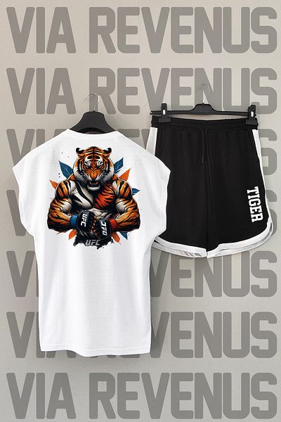 Vordevia Tiger UFC - Σετ αθλητικό μπλουζάκι και σορτς με λαιμόκοψη σε λευκό και μαύρο