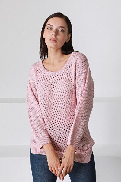 Ferraro Women's Pink O-Neck Openwork Wool Knitwear Sweater