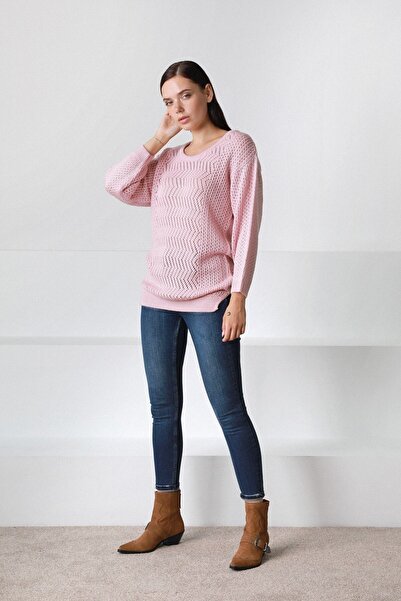 Ferraro Women's Pink O-Neck Openwork Wool Knitwear Sweater