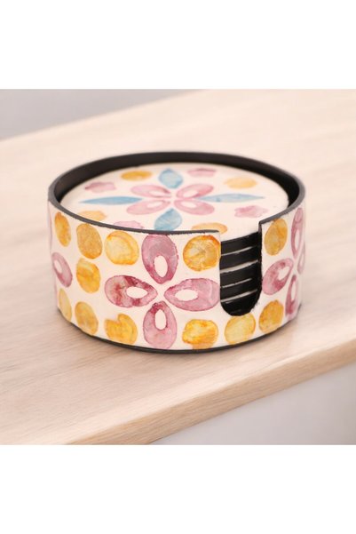 oceanpoint Set of 6 Pearlescent Flower Patterned Coasters with Natural Rattan Box