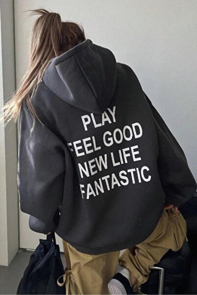Massgai Crna majica sa kapuljačom Play Feel Good Štampano Oversize kroj Sa ka...