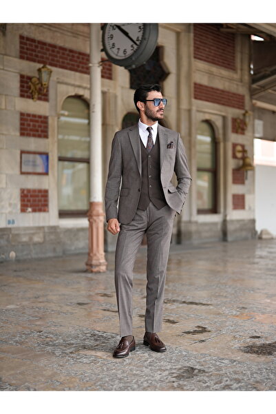 LONATOLİA Erkek Kombinli Takım Elbise Kırlangıç Yaka İtalyan Kesim Slim Fit Ceket Yelek Pantolon