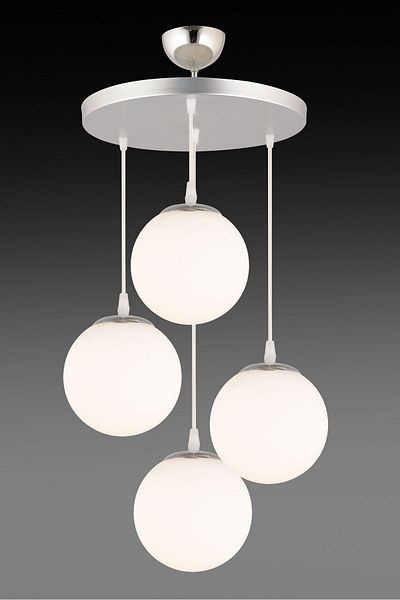 SONSUZ AYDINLATMA&AVİZE Luxury Chandelier with Pendant Lamp Tray Chrome 4-Piece White Globe Glass